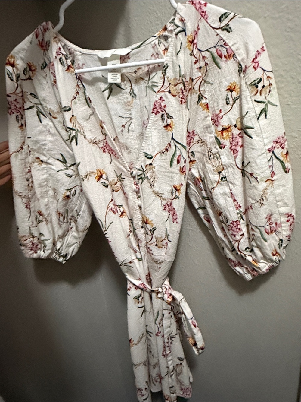 H&M Cream Floral Wrap Blouse with Puff Sleeves